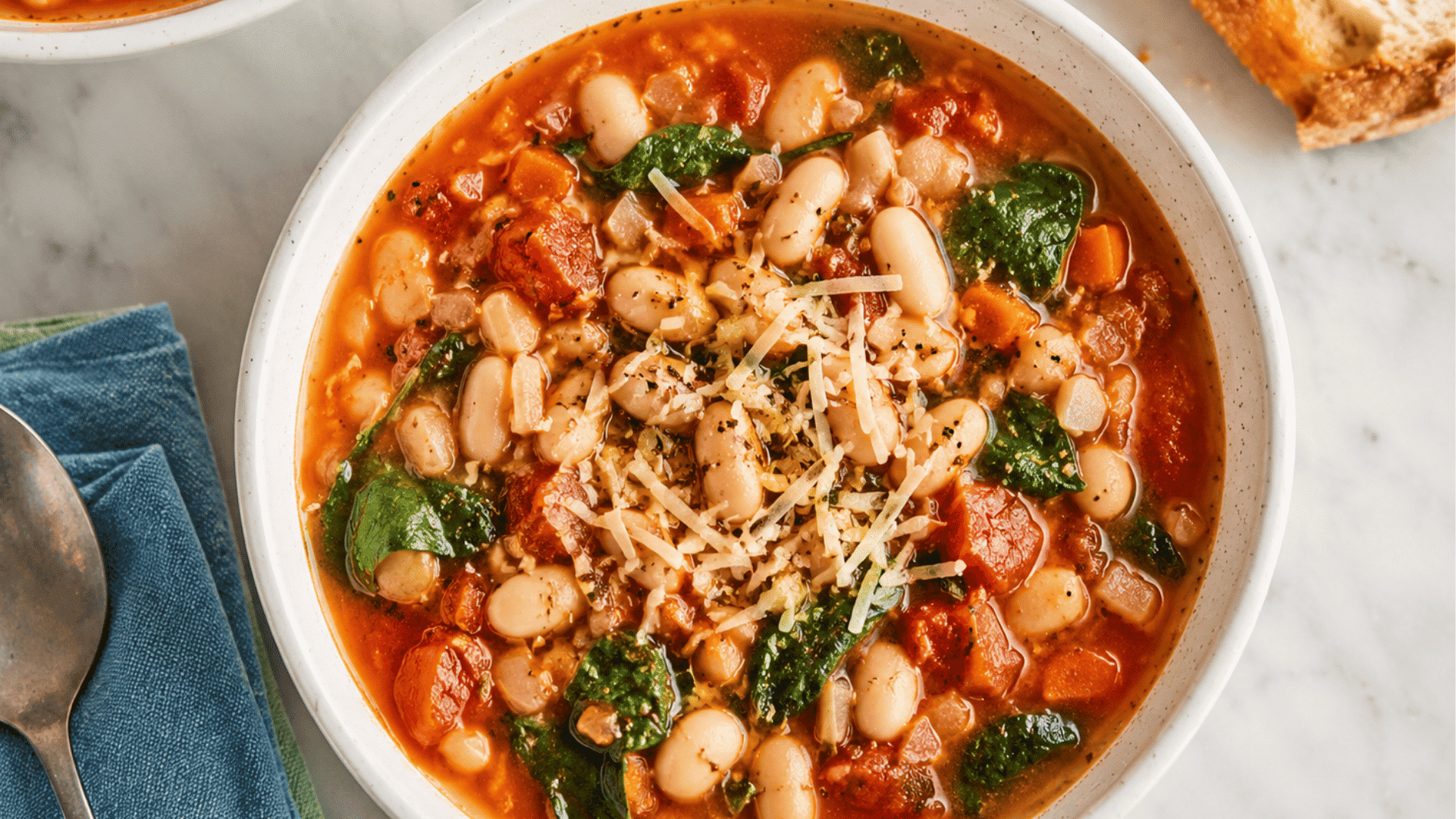 white bowl of tomato white bean soup with spinach carrots herbs parmesan topping and spoon resting on blue napkins nearby