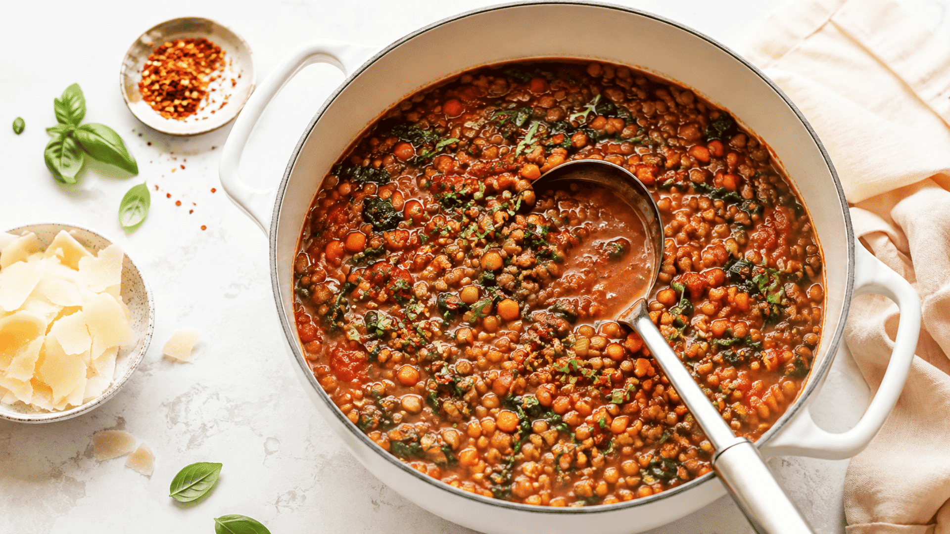 white pot filled with hearty lentil tomato soup spinach carrots herbs parmesan flakes and metal ladle on bright countertop surface