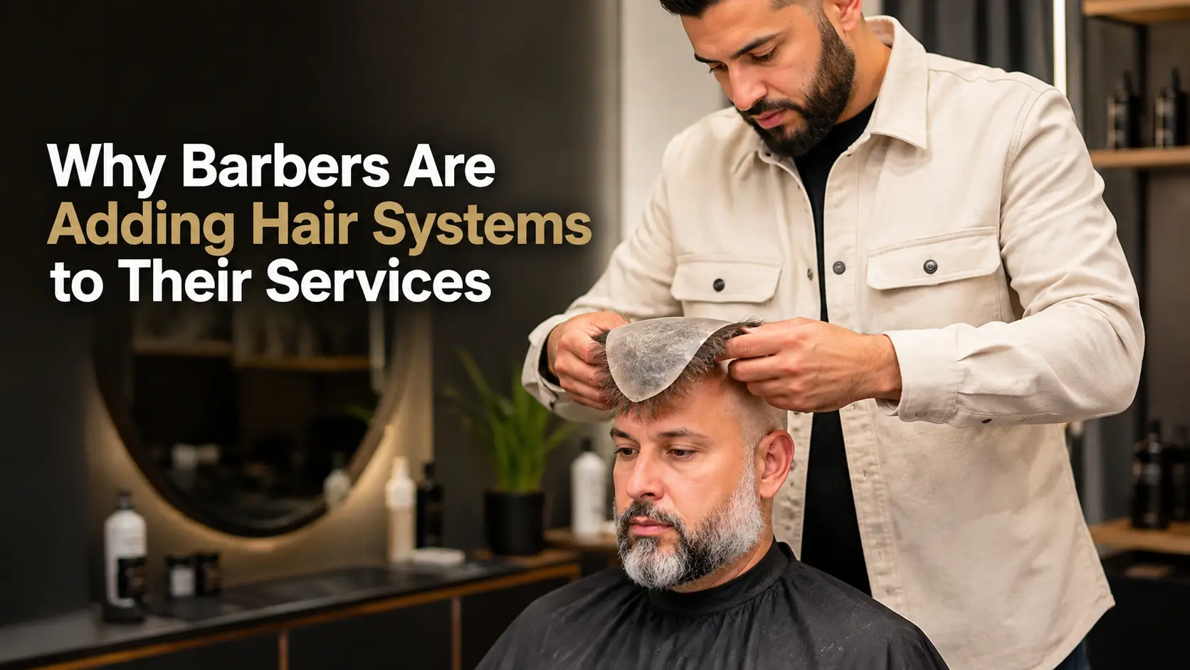 Barber applying hair system to seated client in modern salon setting