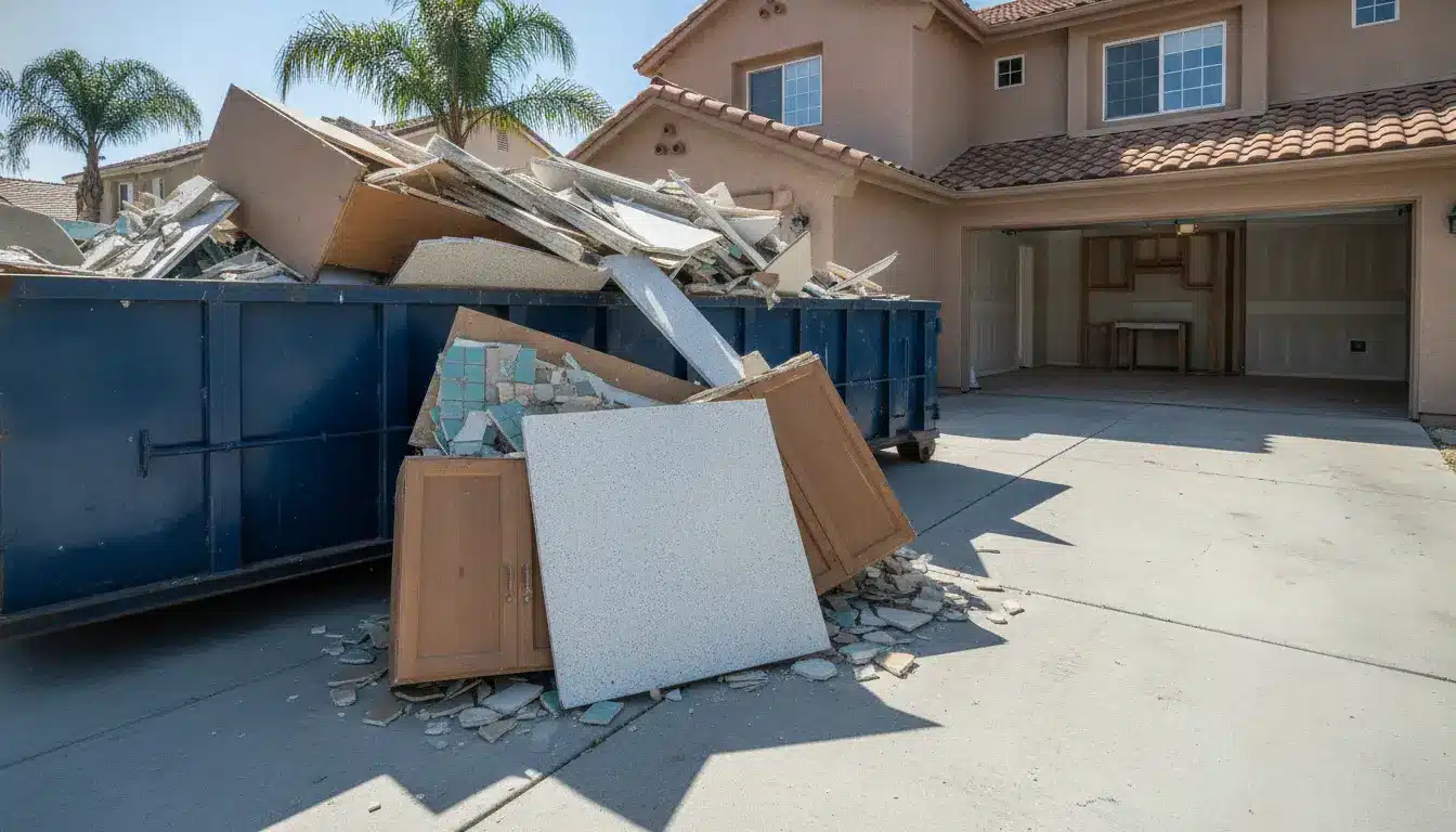 Debris and discarded cabinets outside a garage in a residential driveway under clear sky