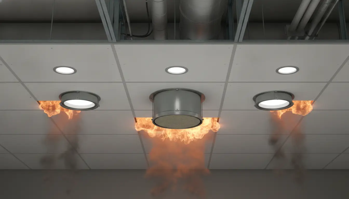 Fire erupting from ceiling ventilation system with metal ducts exposed