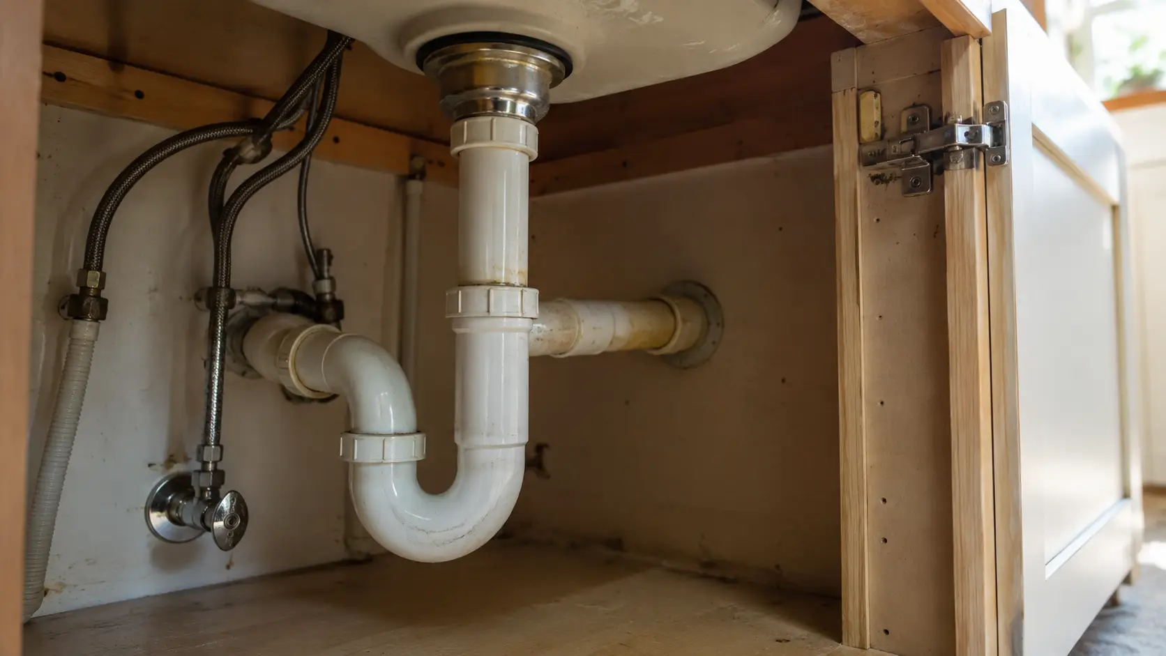 Pipes and plumbing fixtures under a kitchen sink cabinet with open door