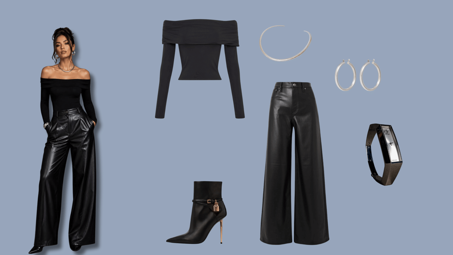 Wide-leg leather pants with a fitted top and heels for a modern fashion outfit