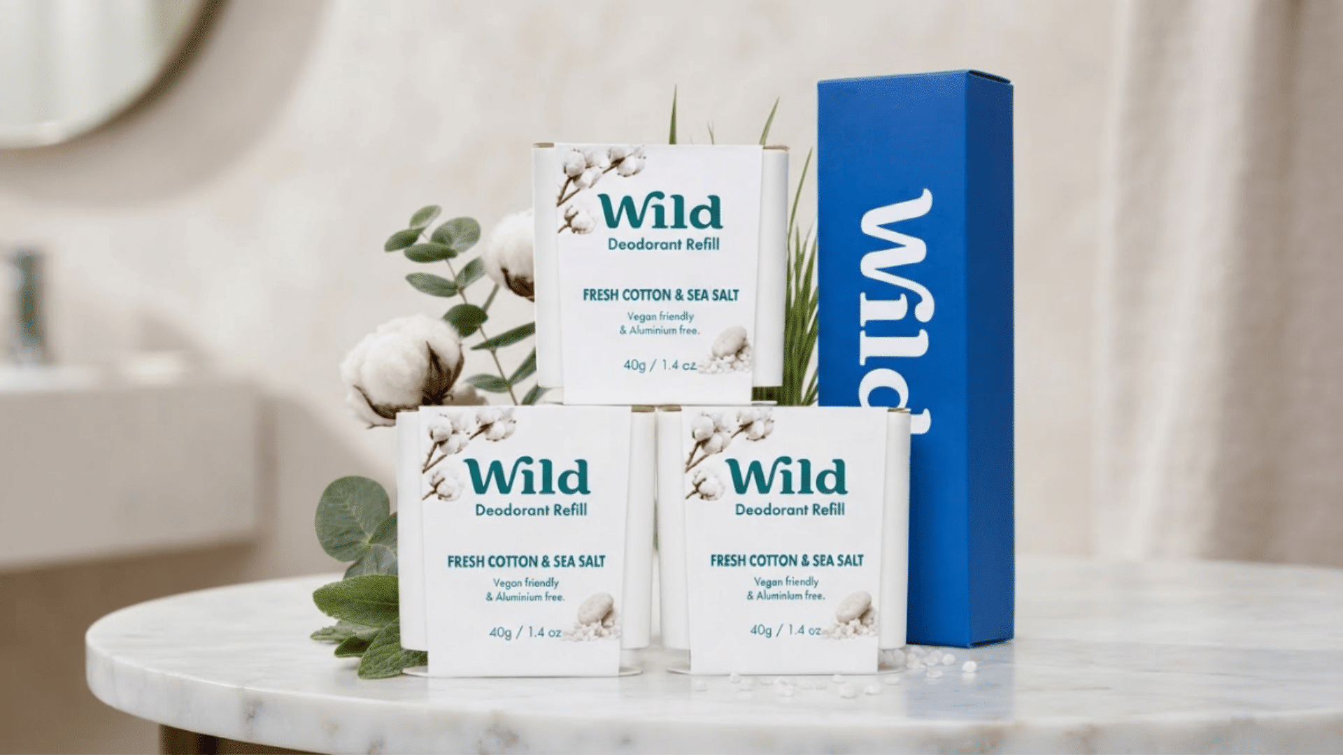 Wild deodorant refill boxes displayed on a table for best natural deodorants