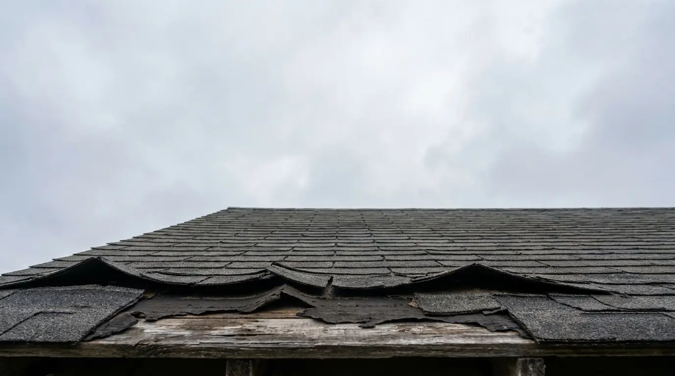 Worn-out shingle roof under cloudy sky with visible damage and missing tiles