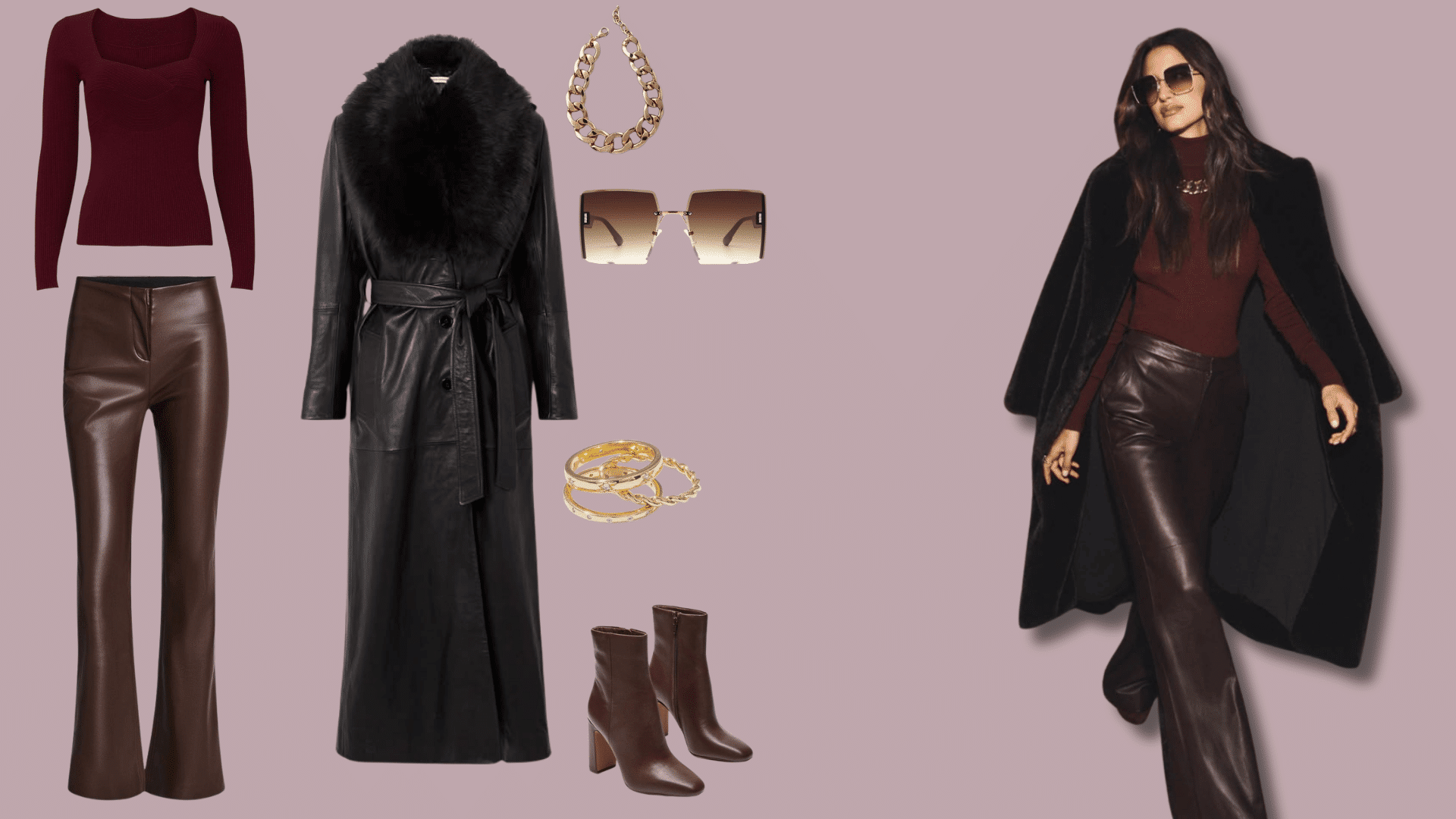 Winter outfit featuring leather pants, a long coat, sweater, and boots