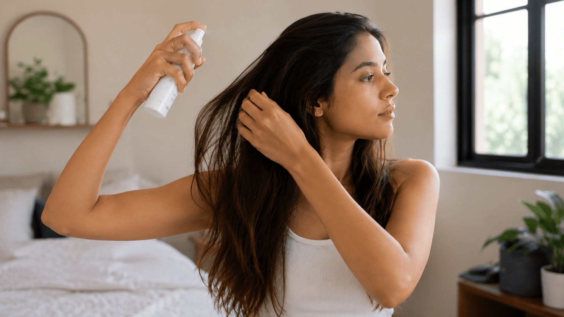 woman applying hair spray to her loose hair before styling in a bright bedroom setting