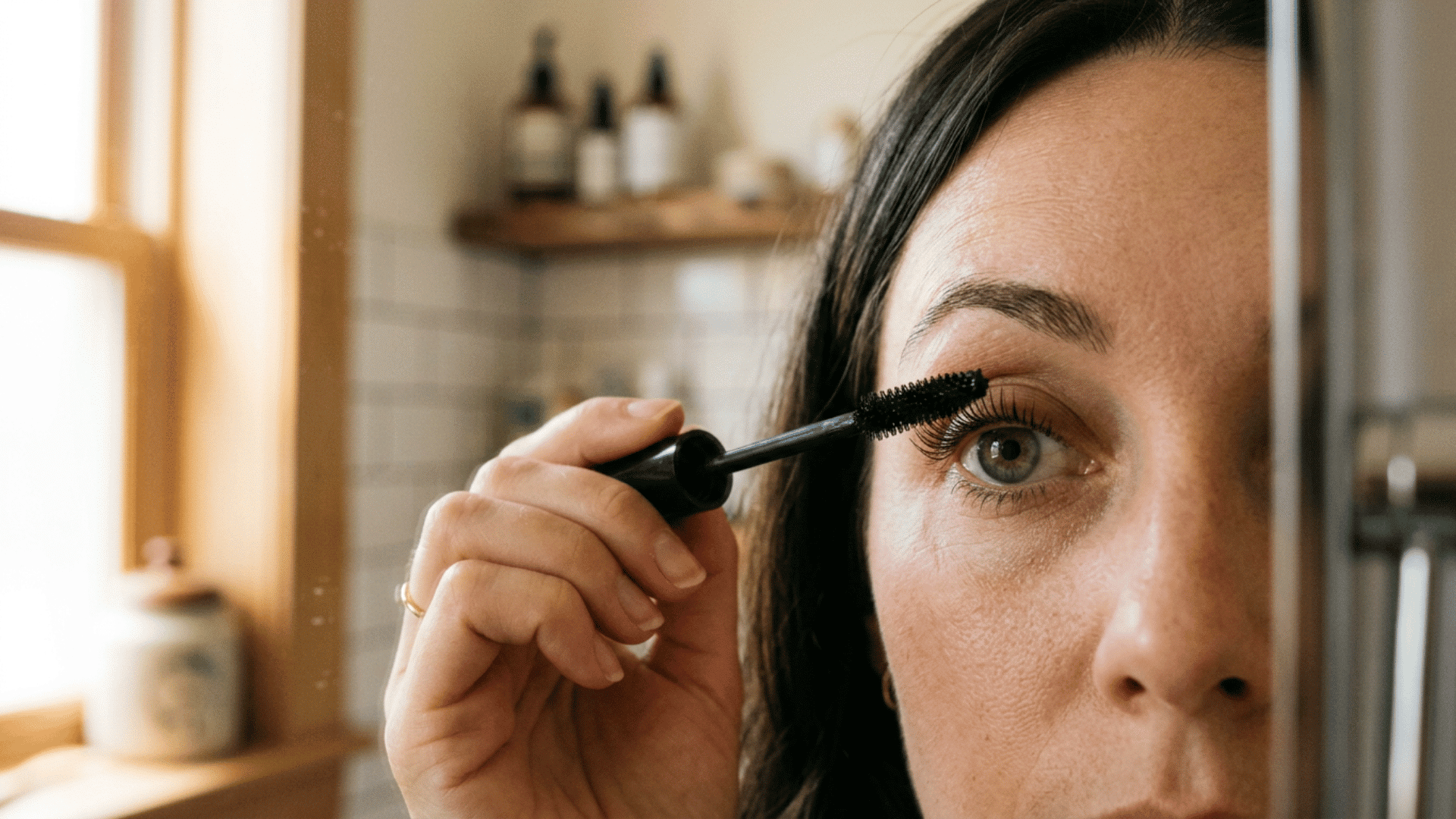 Woman applying tubing mascara to upper lashes while looking into a bathroom mirror.