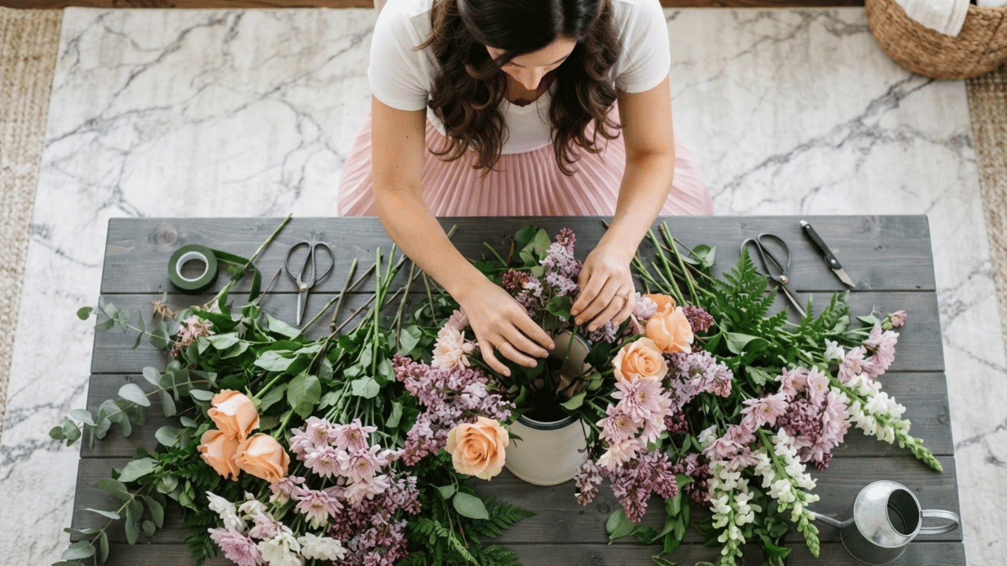 woman arranging fresh flowers in a vase while creating a beautiful floral display at home with natural blooms