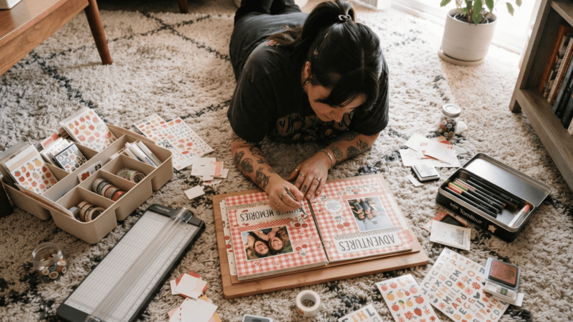 woman creating a memory scrapbook with photos stickers and decorative paper at a cozy desk at home