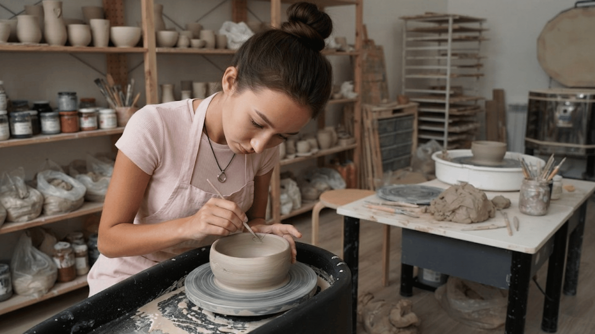 woman making pottery by hand on a pottery wheel while shaping clay into a creative ceramic piece