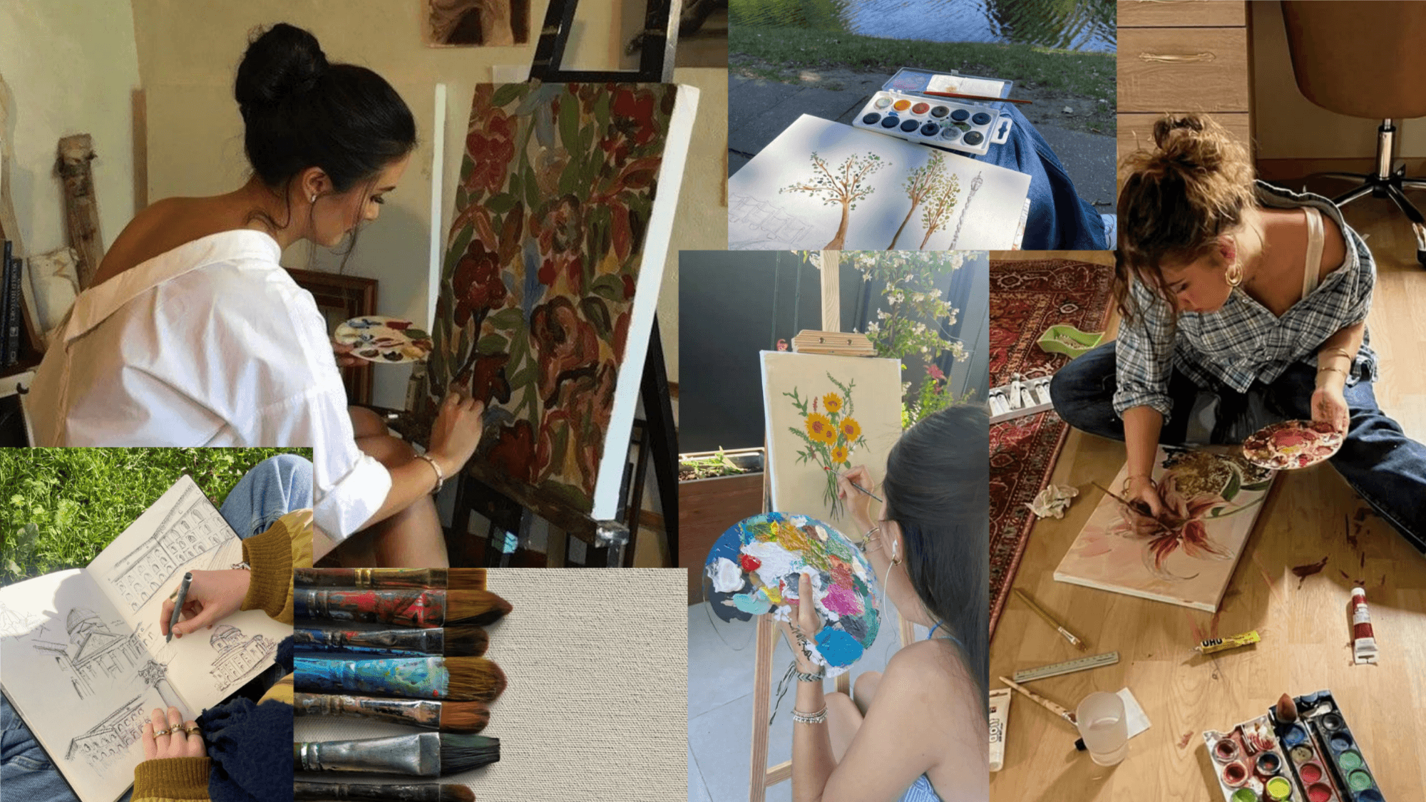 woman painting and drawing on a canvas while enjoying a creative and relaxing artistic activity