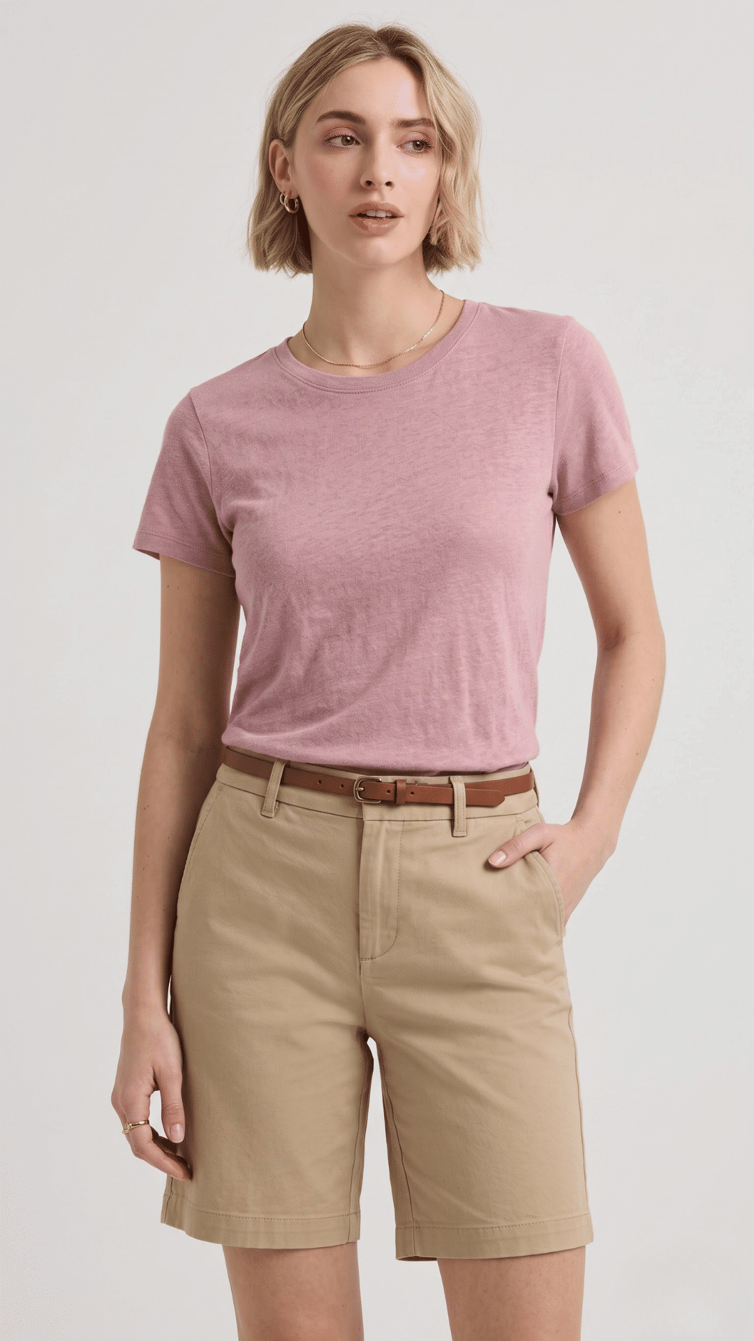 woman pairing khaki shorts with a soft pink top and sandals for a fresh relaxed summer look