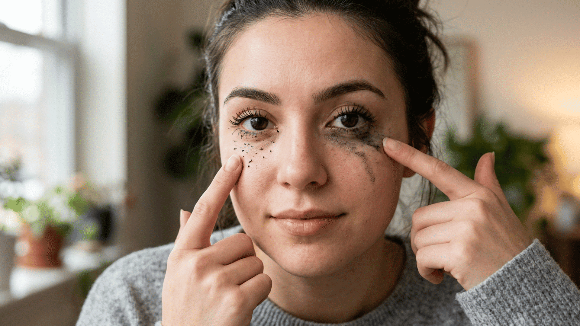 Woman pointing to mascara flakes under one eye and smudged mascara under the other.