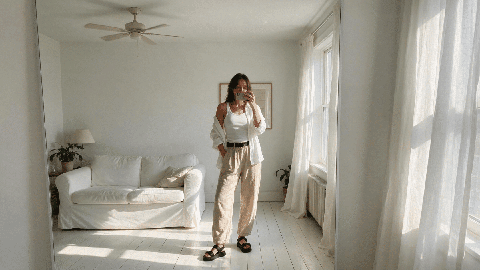 Woman taking a mirror selfie in a bright minimalist living room with white decor