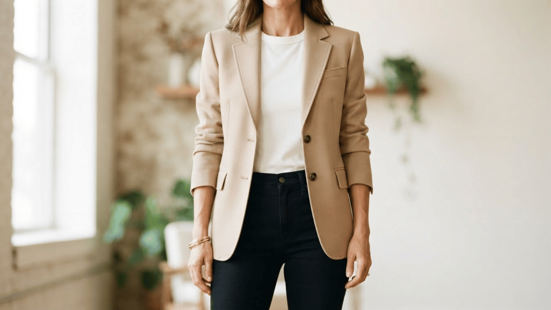 woman wearing a beige blazer with a white top and black tailored jeans