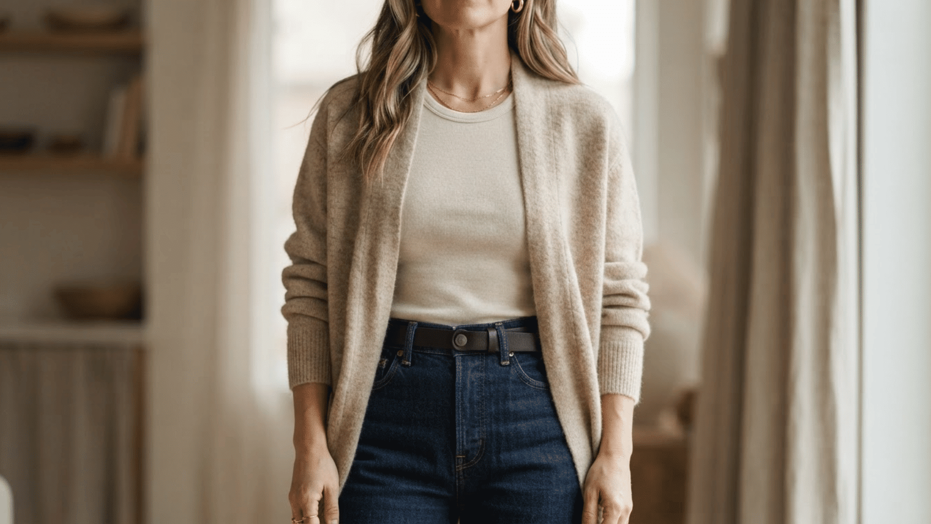woman wearing a beige knit cardigan with a neutral top and tailored dark jeans