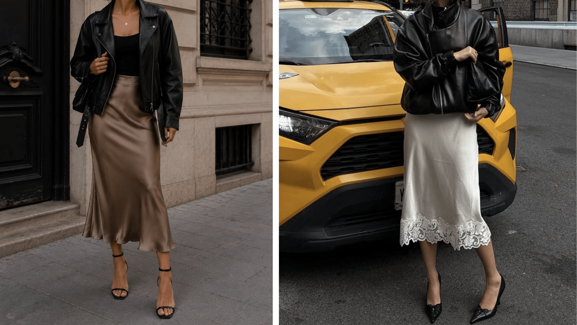 woman wearing a black leather jacket striped top pleated skirt and heels while walking outdoors with a handbag