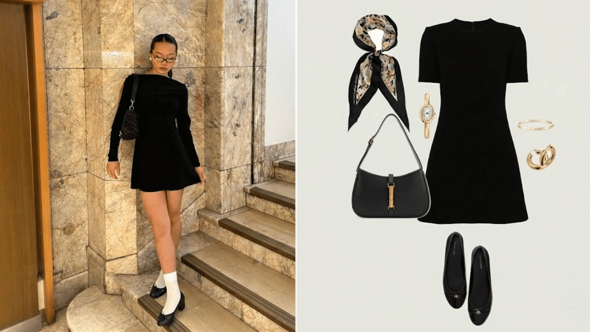 woman wearing a black mini dress with accessories and matching flats for a minimalist outfit look
