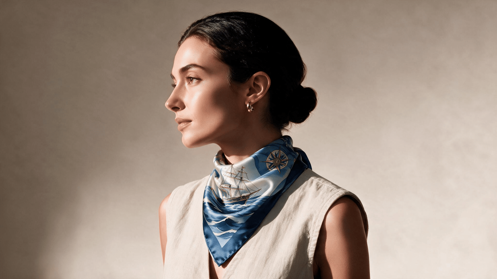 woman wearing a blue nautical-print bandana as a classic neckerchief, paired with a beige sleeveless top and low bun.