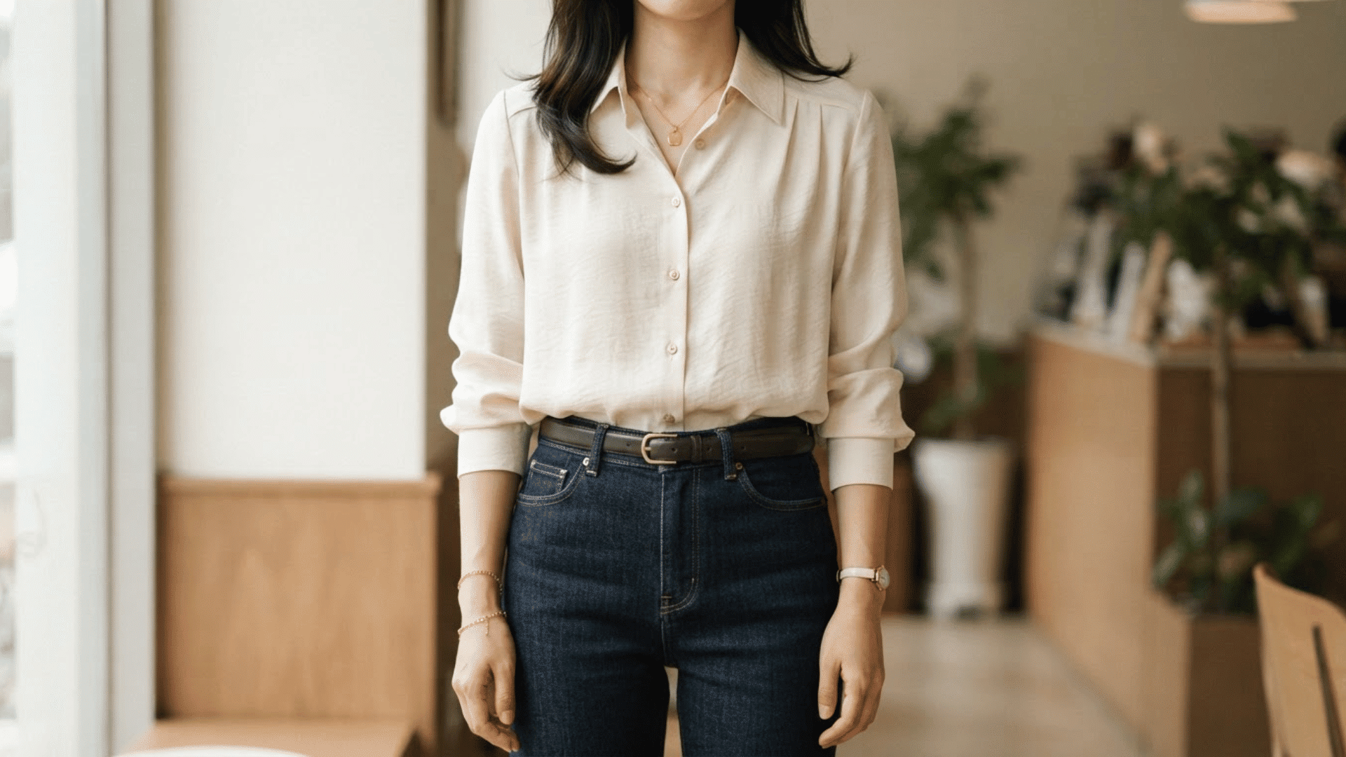 woman wearing a cream blouse with tailored dark jeans and a slim leather belt