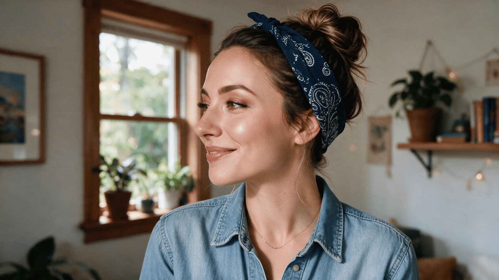 woman wearing a navy paisley bandana around a messy bun, paired with a light denim shirt in a casual indoor setting.