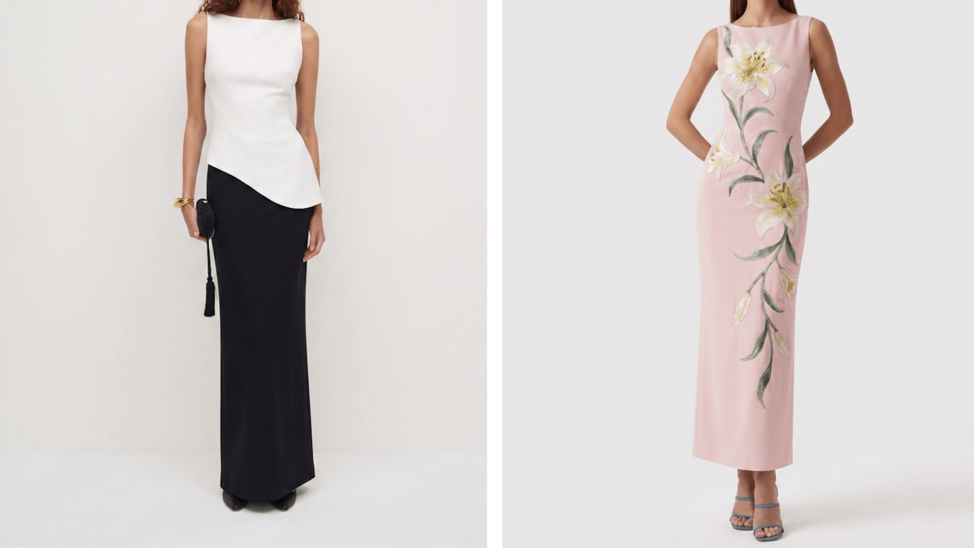 woman wearing a pencil skirt and column dress with sleek silhouettes and elegant structured fashion styling