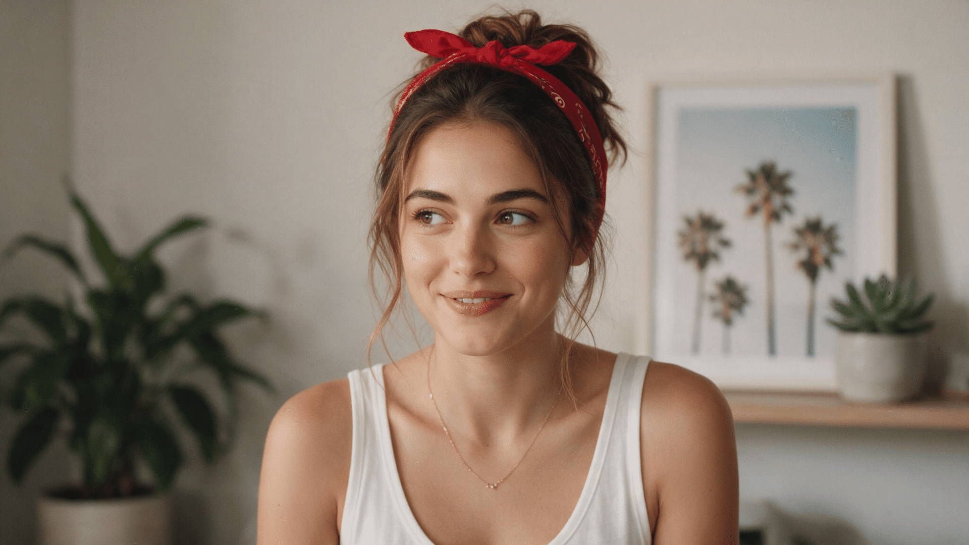 woman wearing a red front knot bandana headband with a loose bun, white tank top, and casual indoor setting.