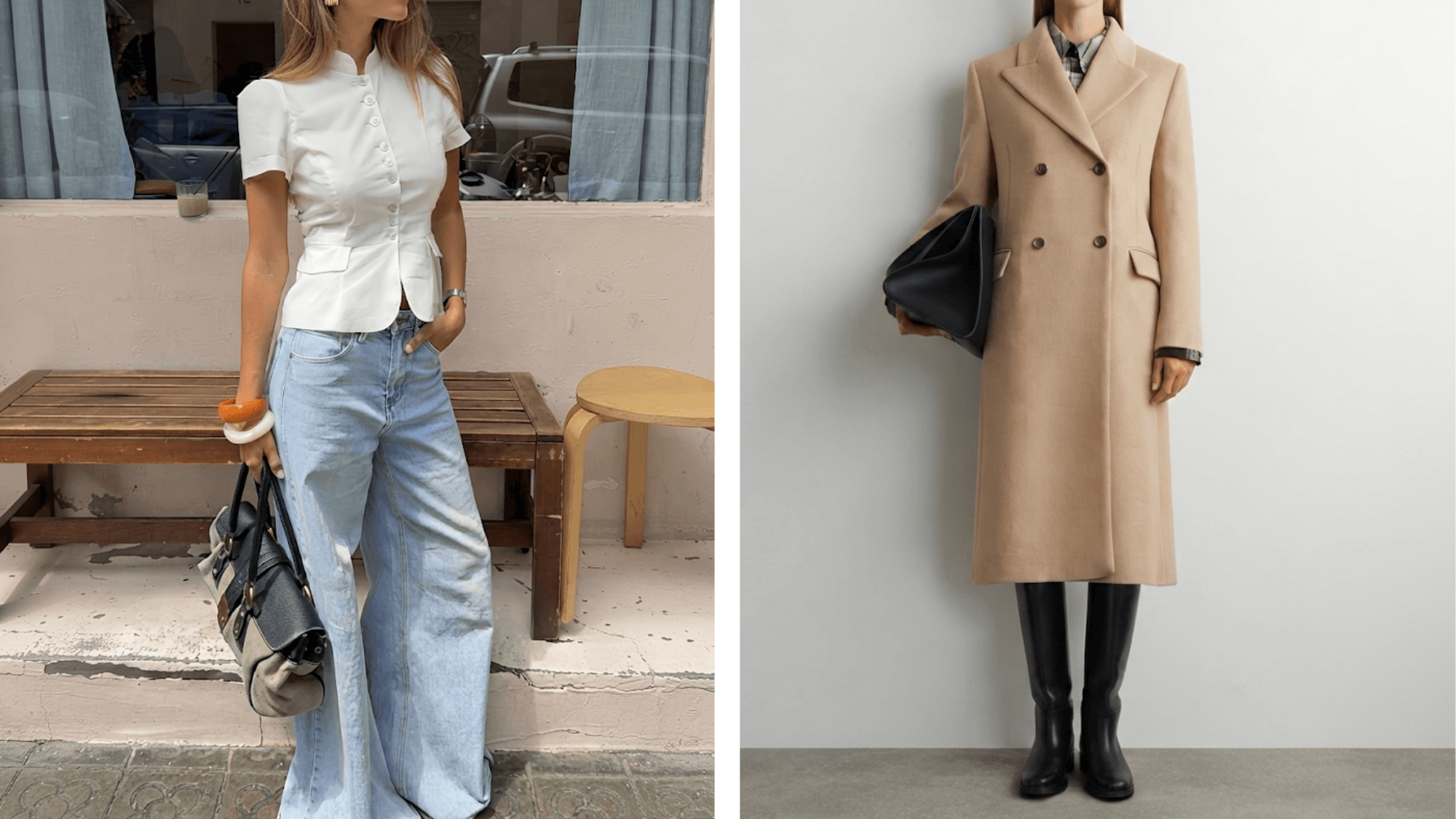 woman wearing a structured top with a tailored trench coat for a sleek dramatic fashion look