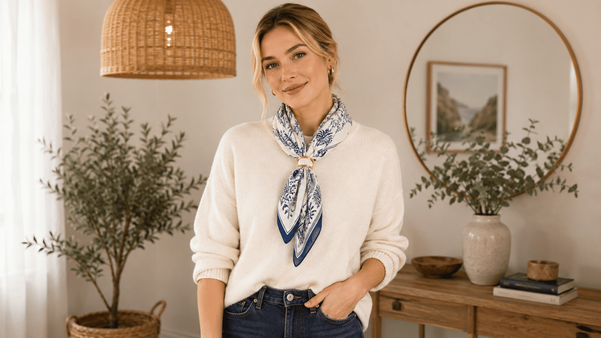 woman wearing a white and blue patterned neck scarf with a cream sweater and dark jeans, standing in a softly lit modern room.