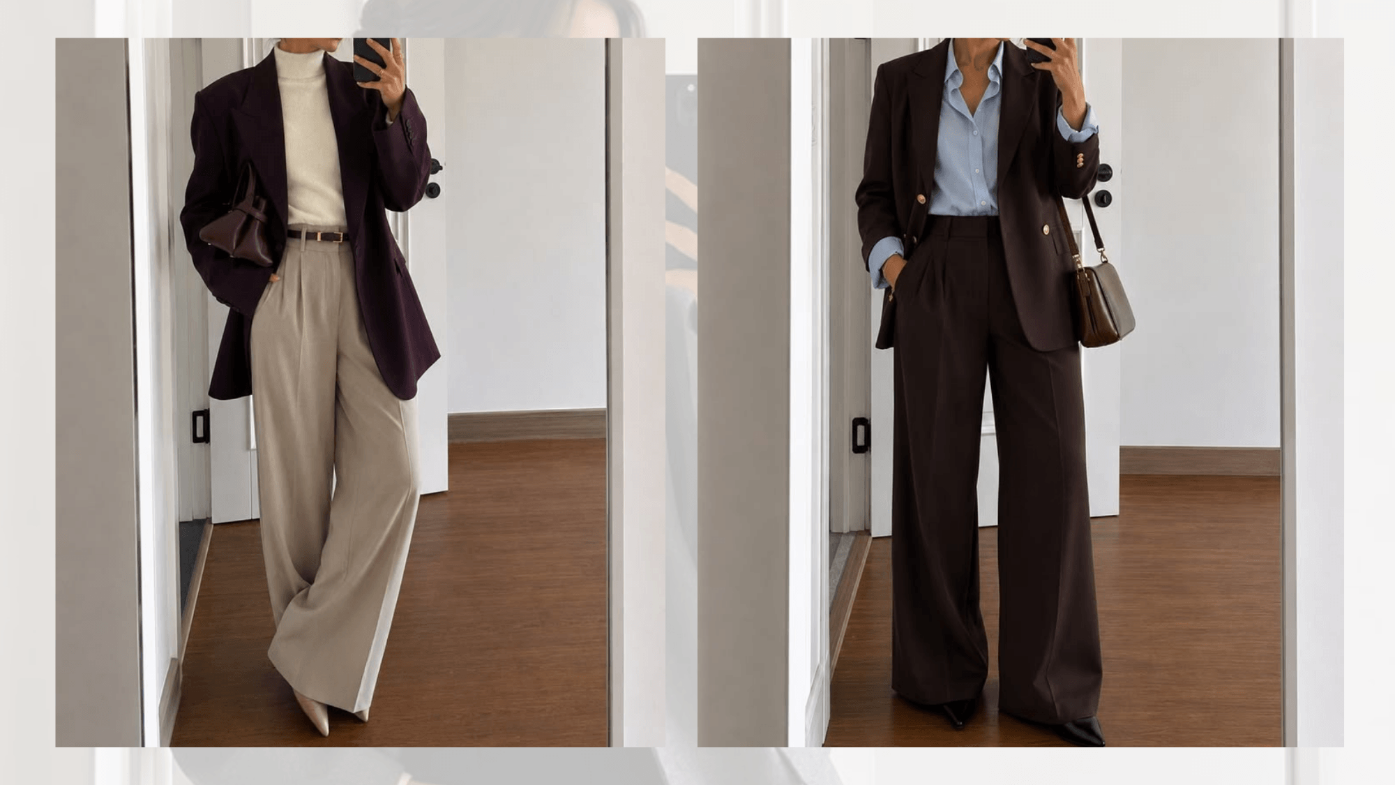 woman wearing an elegant beige tailored suit with wide leg trousers and heels against a neutral wall