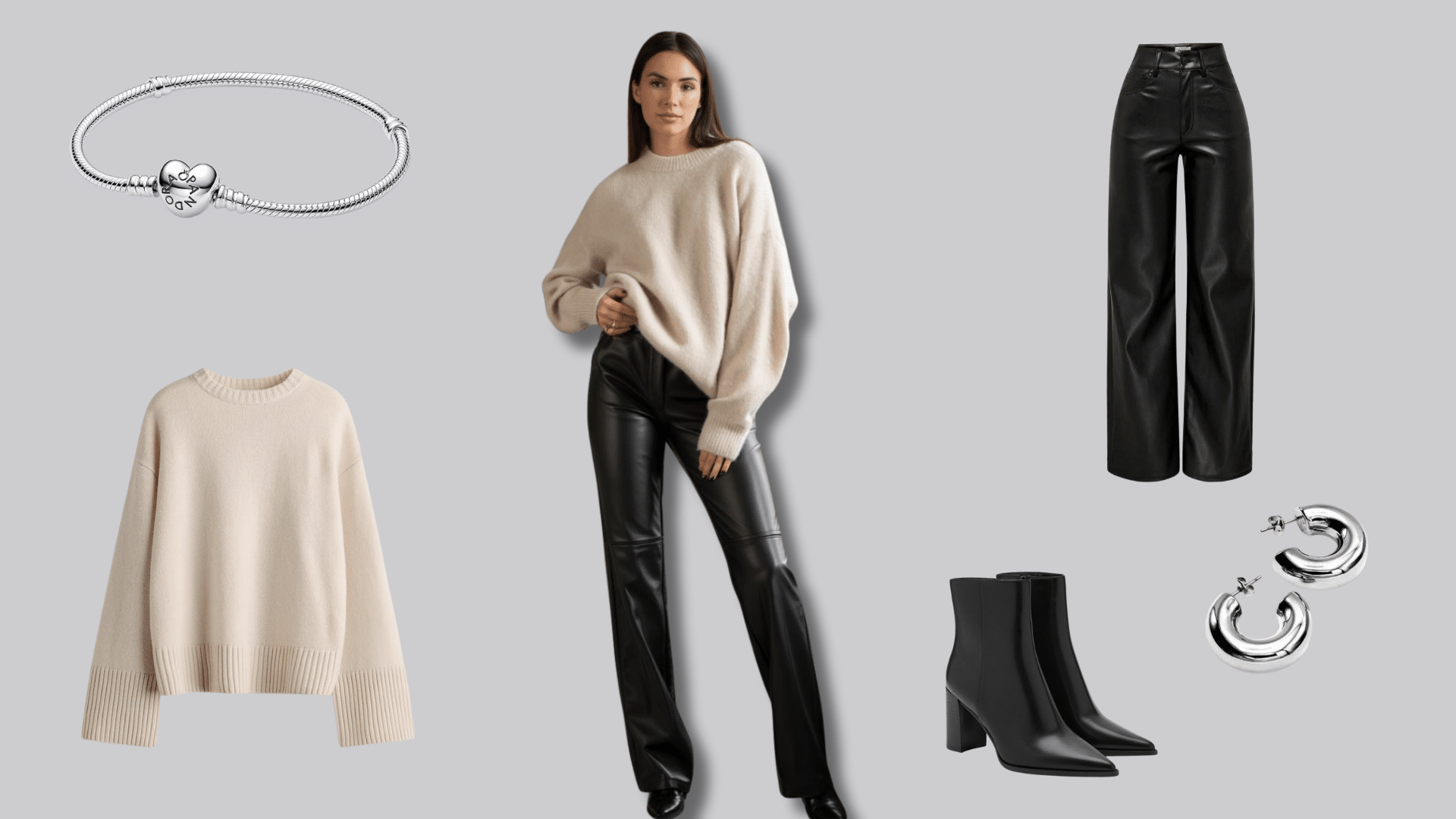 Woman wearing black leather pants with an oversized sweater and ankle boots for a cozy outfit
