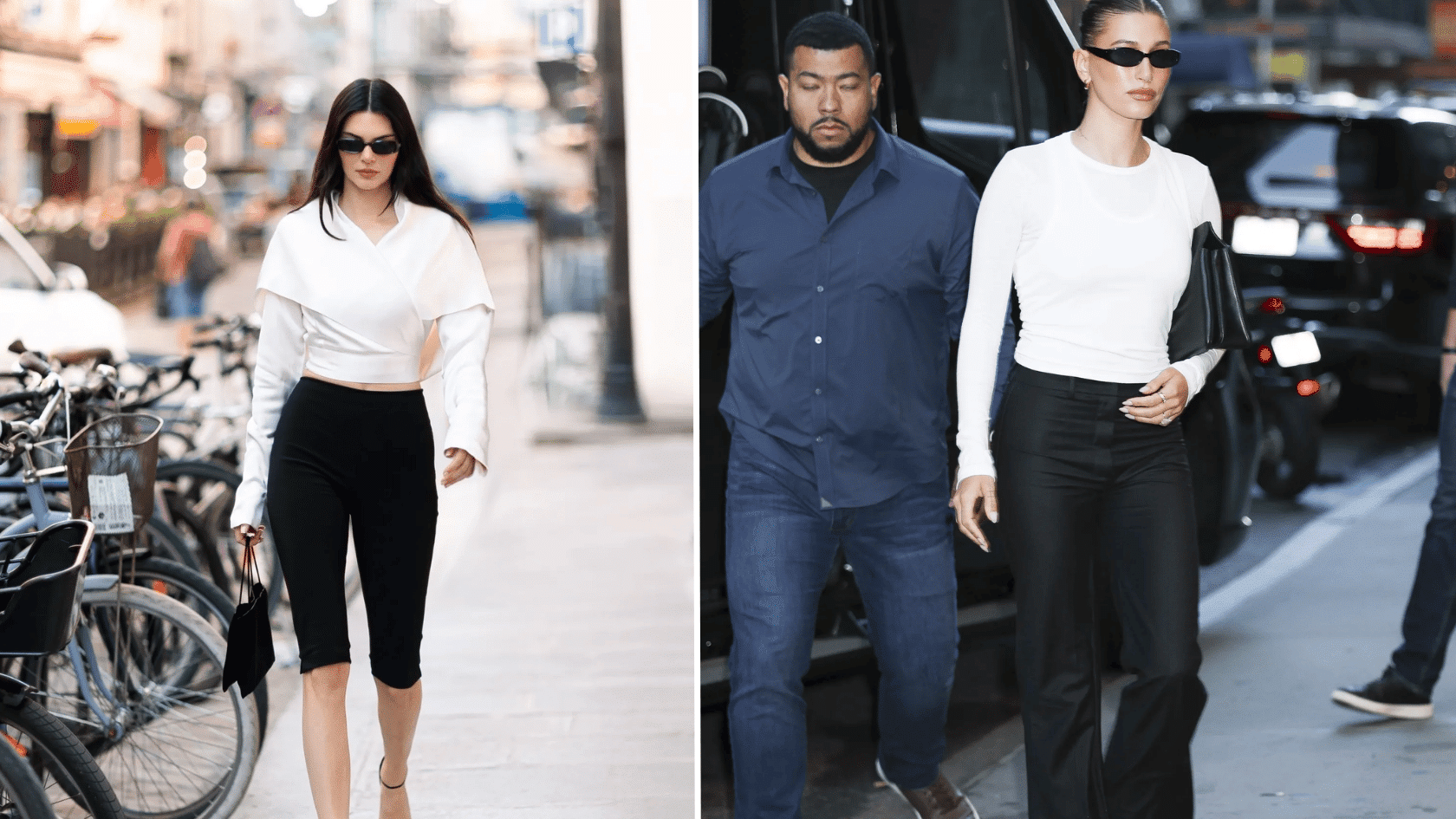 Woman wearing black sunglasses, white tops, and black pants in two street style fashion photos.