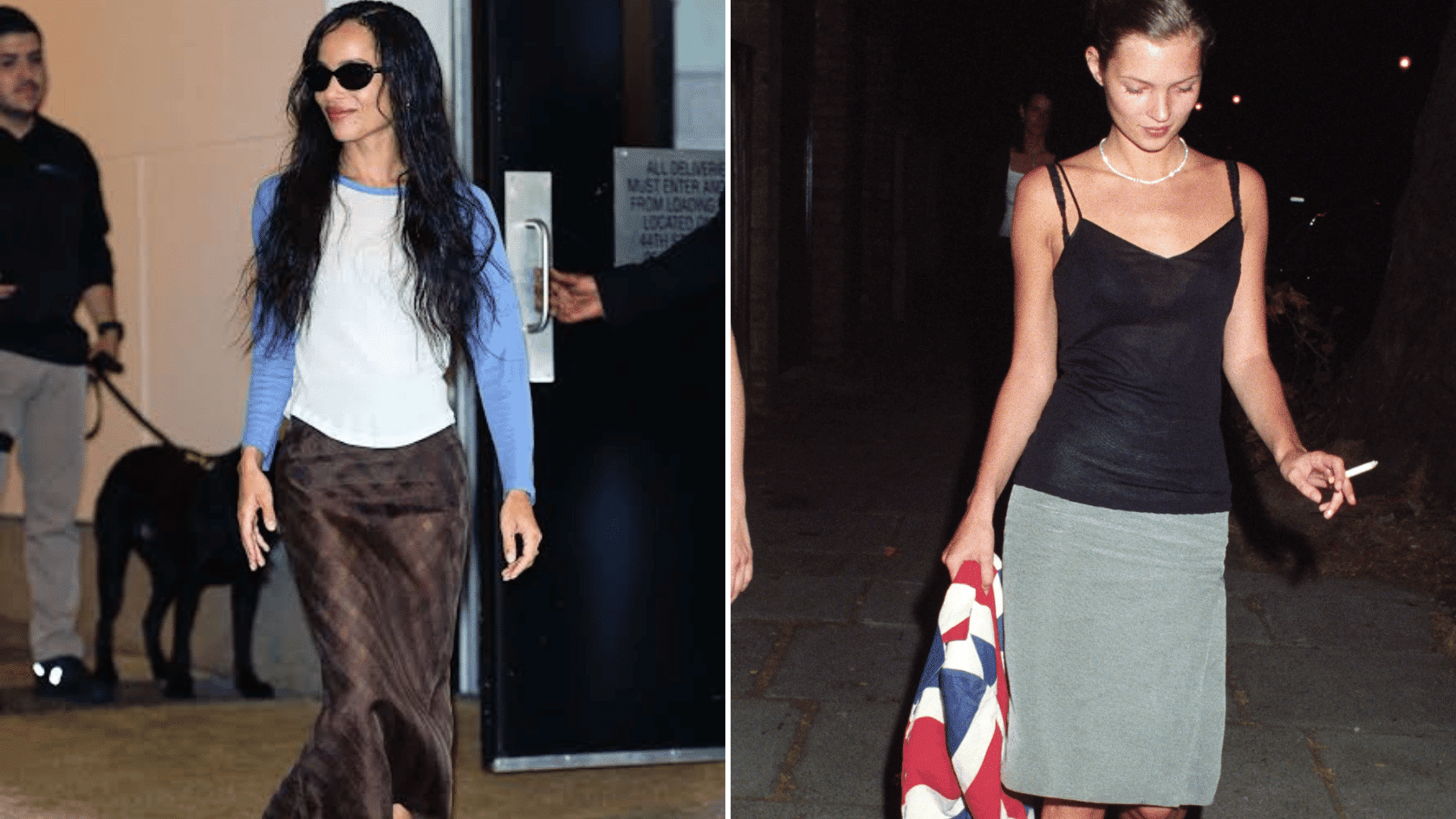 Woman wearing casual outfits with long skirts, sunglasses, and layered tops in two side-by-side fashion photos.