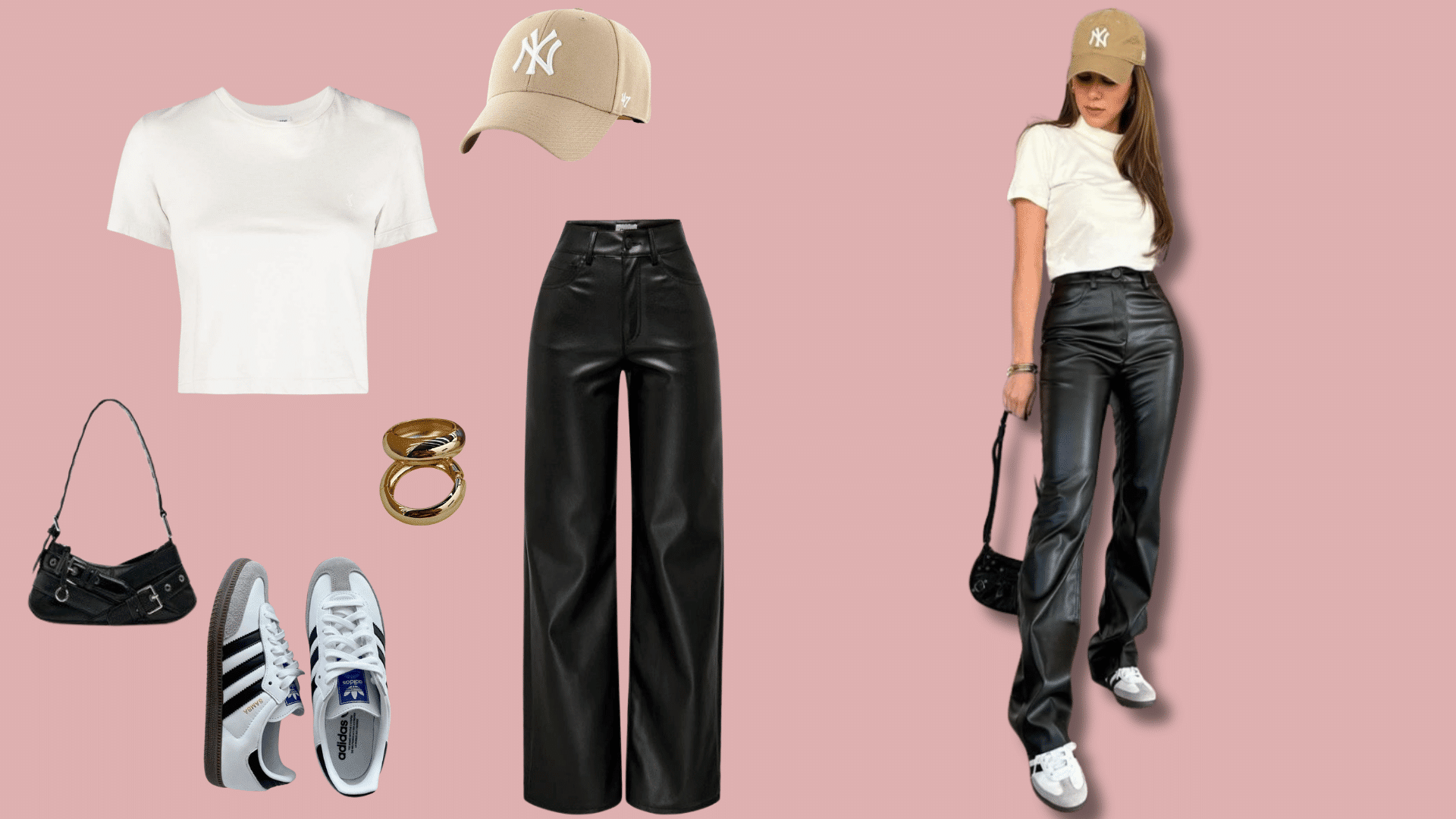 Woman wearing faux leather pants with a basic t-shirt, denim jacket, and sneakers