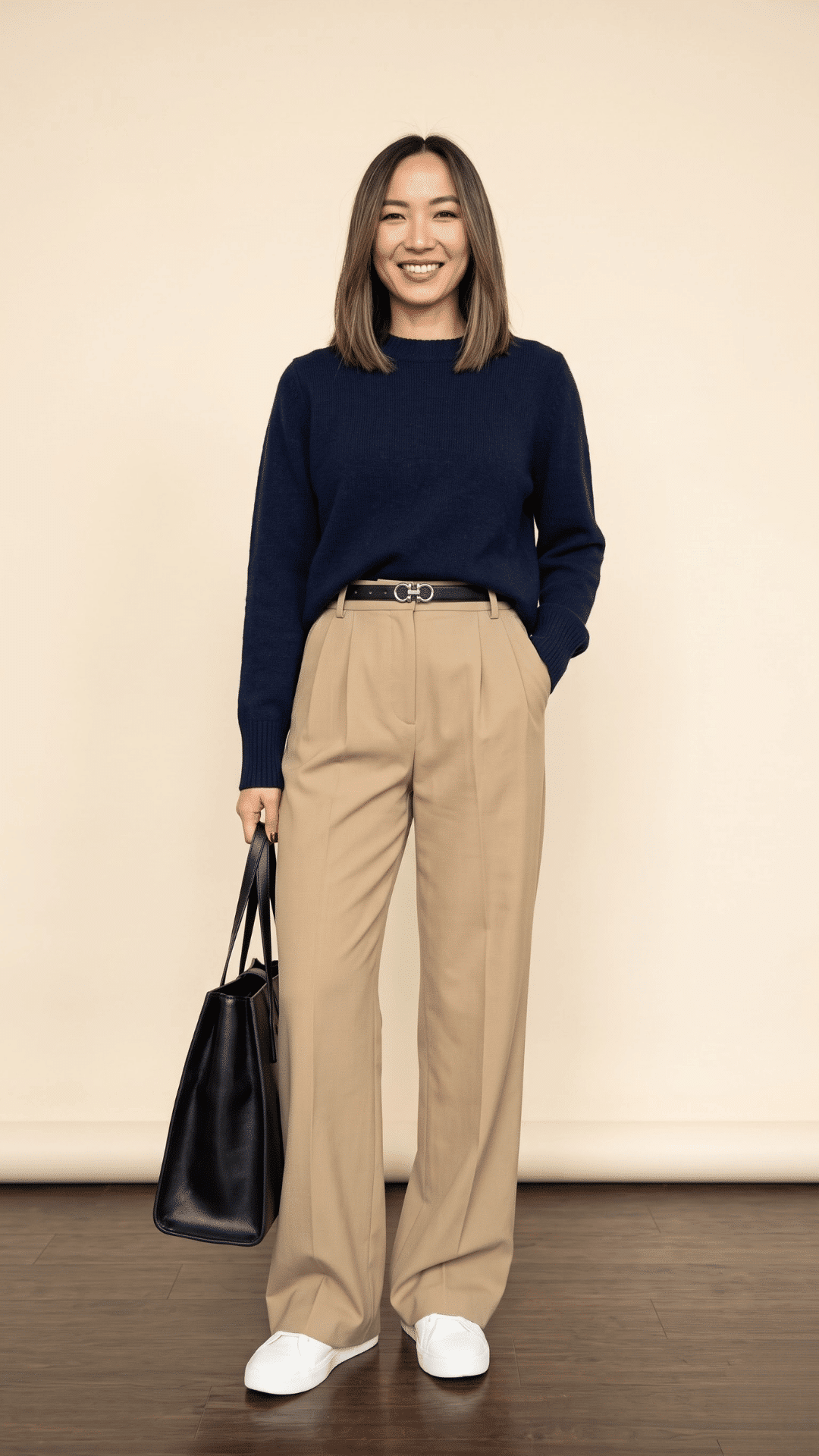 woman wearing khaki trousers with a navy sweater and flats for a refined smart casual outfit
