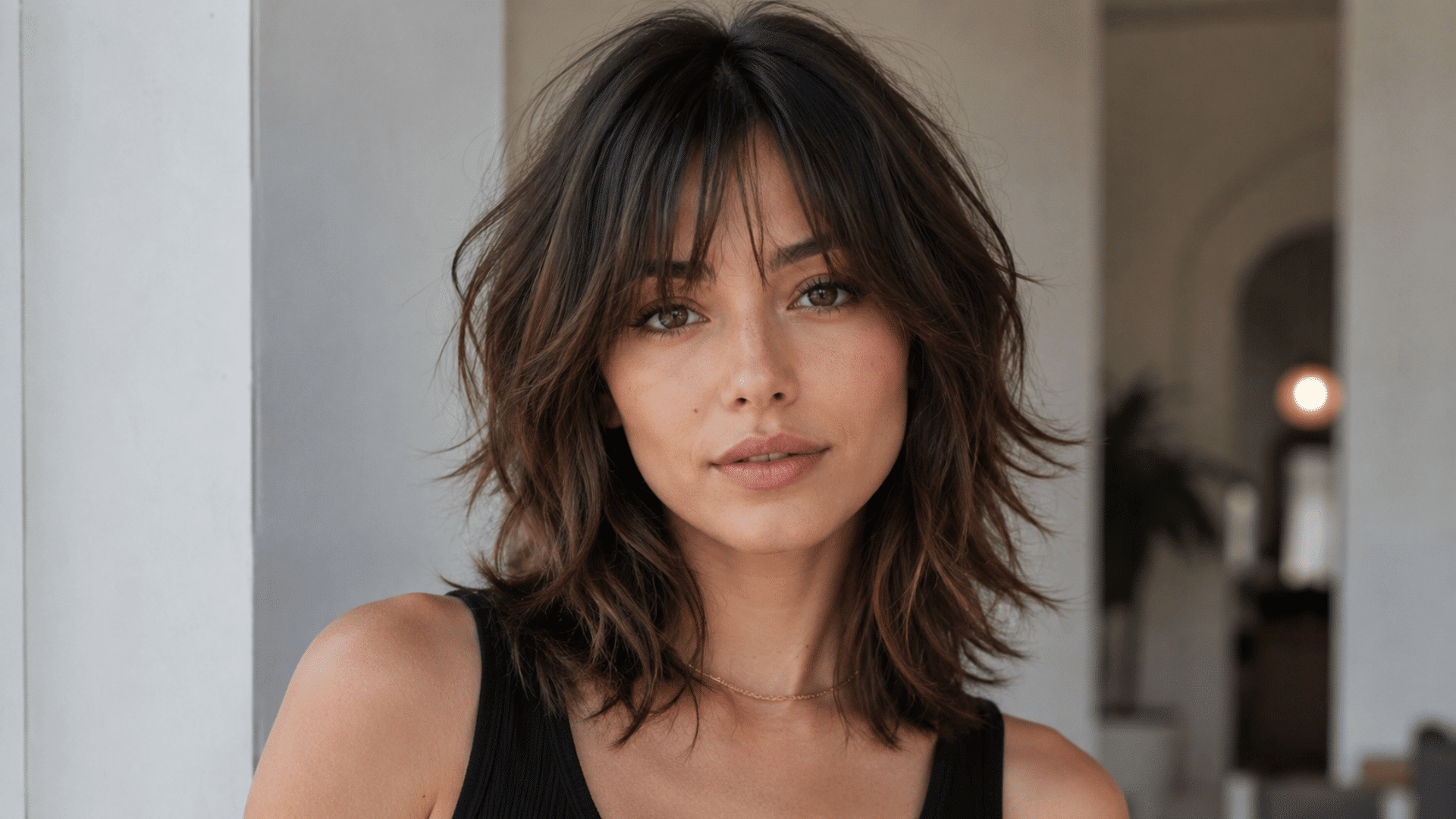 woman with a medium shag haircut featuring choppy layers wispy bangs and face framing dark brown hair