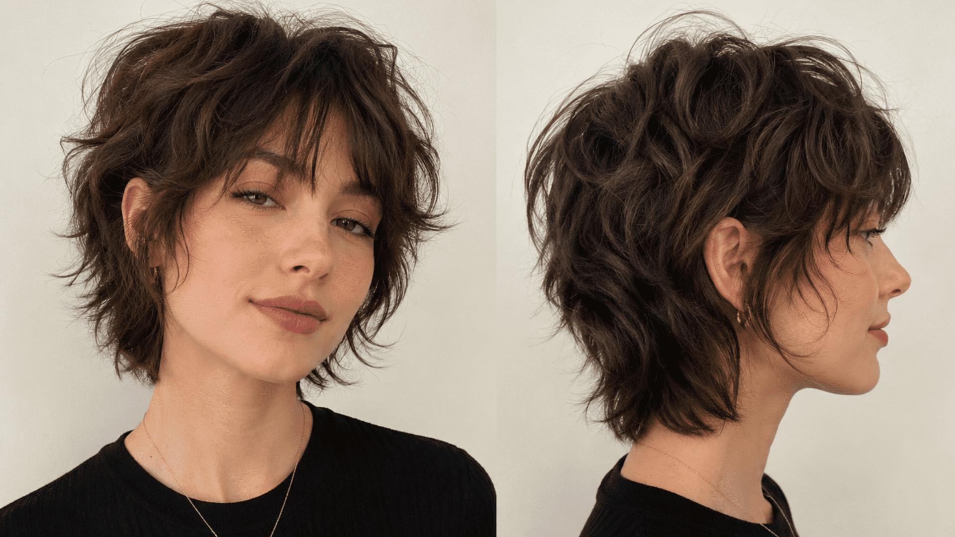 woman with a short brown shag haircut textured layers wispy bangs and tousled waves.