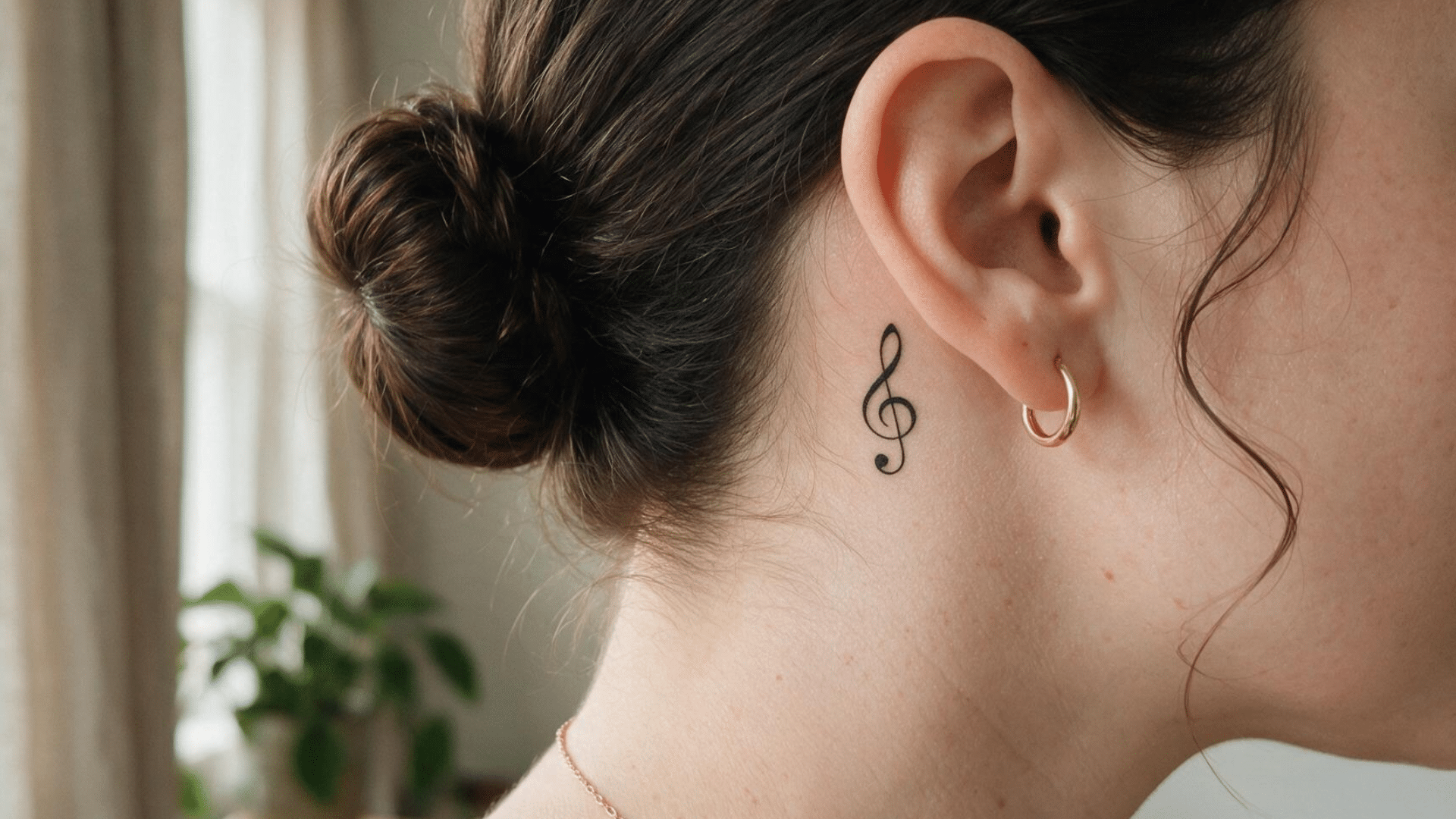 woman with a small treble clef tattoo behind her ear, wearing a gold hoop earring.