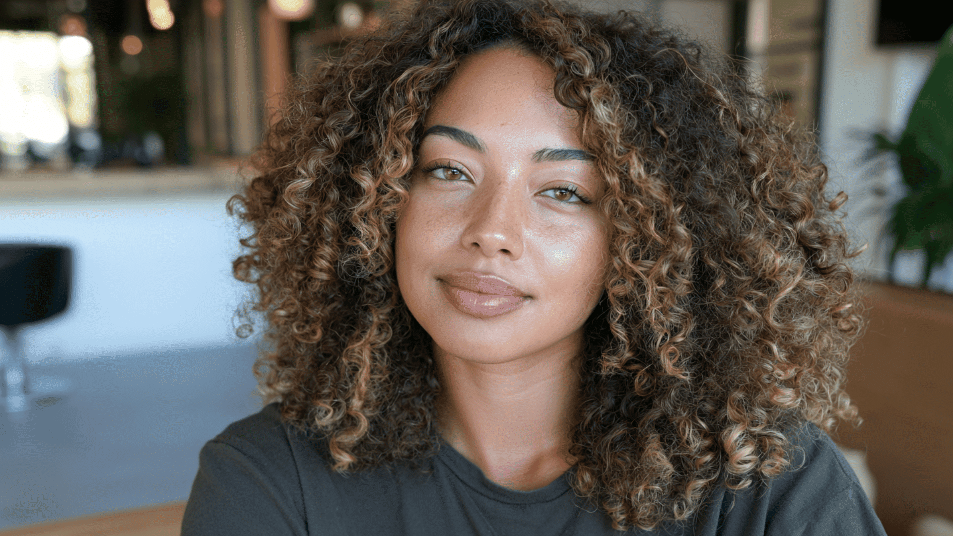 woman with caramel blonde money piece ribbons framing voluminous brown coils in soft salon lighting