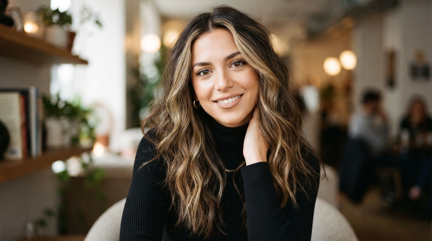 Woman with dark wavy hair and blonde chunky highlights sitting indoors.