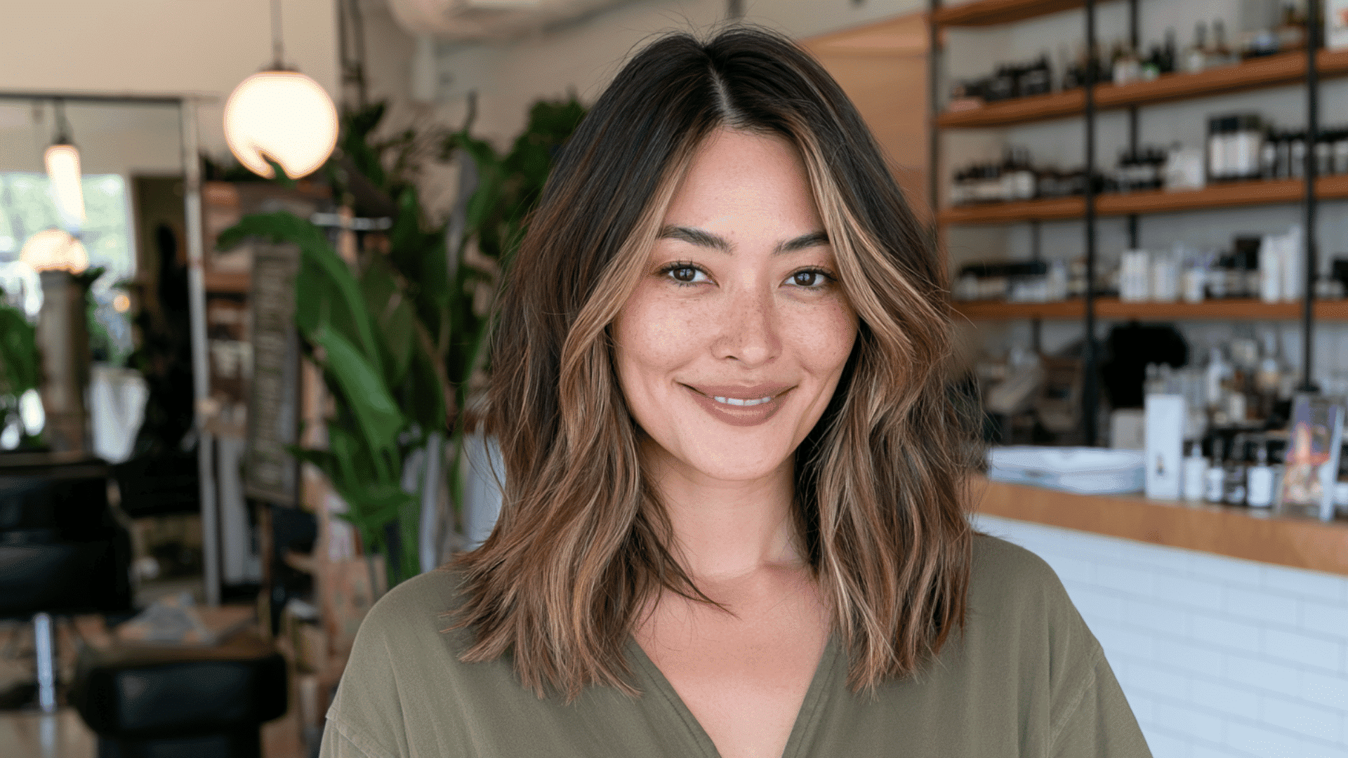 woman with honey blonde money piece highlights on side parted wavy dark brown hair