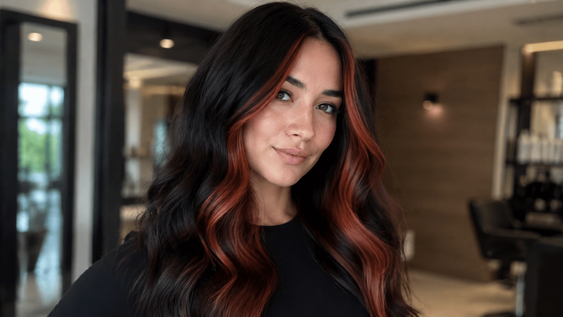 woman with long black wavy hair and warm copper money pieces framing her face in a salon