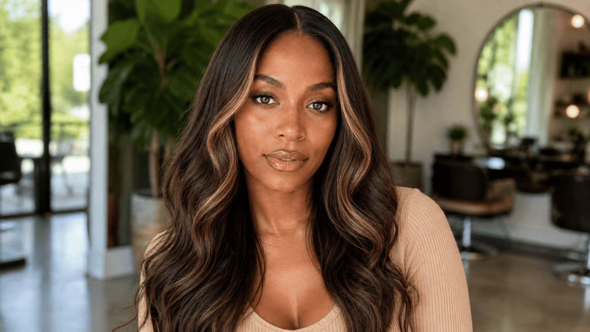woman with long brown waves and caramel money piece highlights posing in a softly lit salon