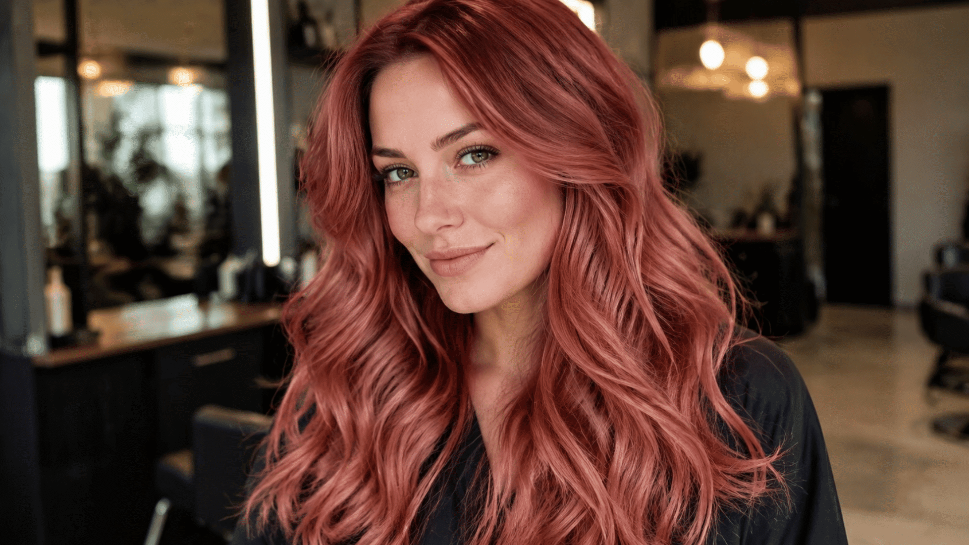 woman with long wavy rose gold hair and darker auburn roots wearing a black top in a softly lit salon