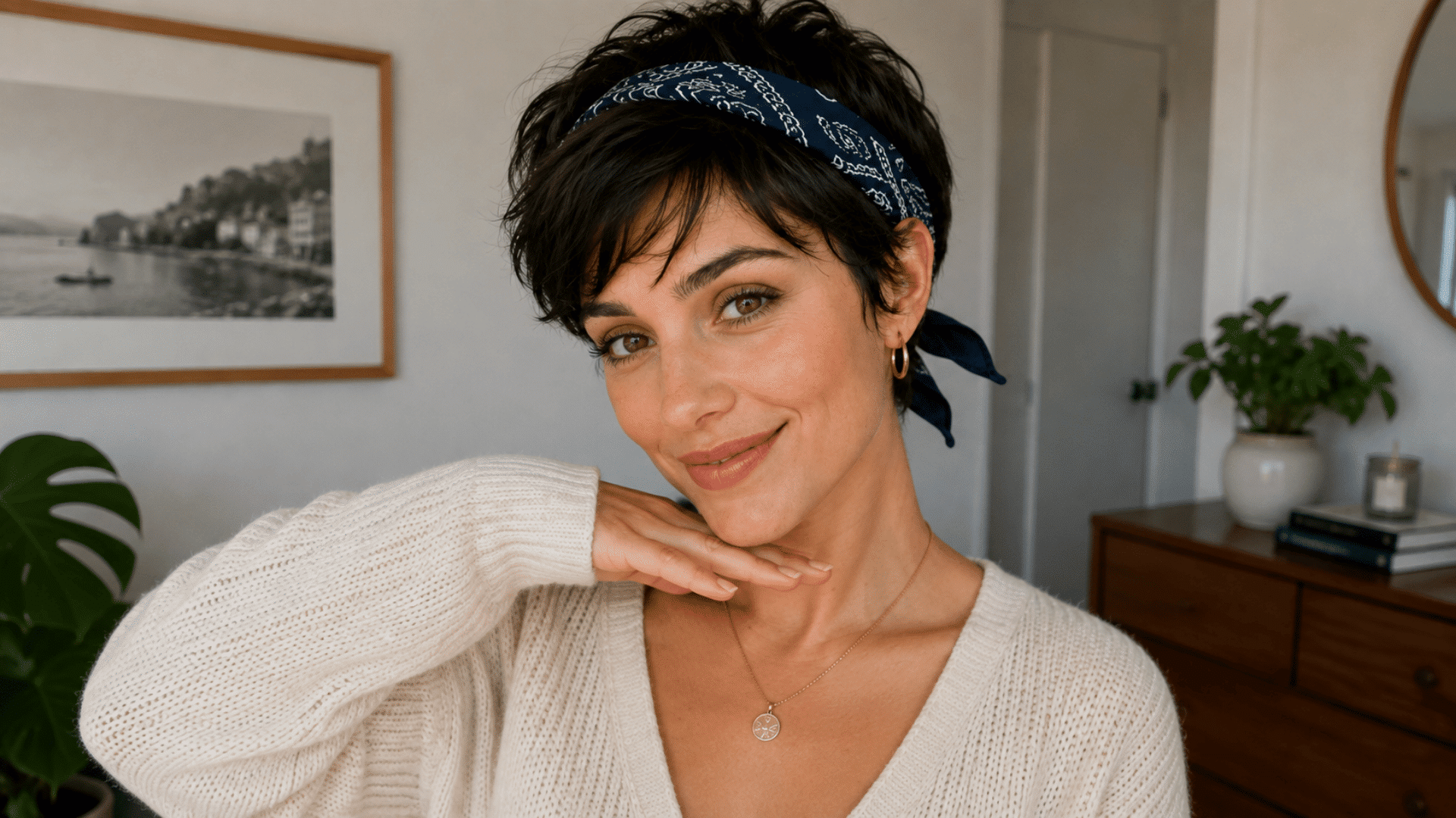 woman with short dark pixie hair wearing a navy paisley bandana headband and cream sweater, smiling at the camera with her hand under her chin.