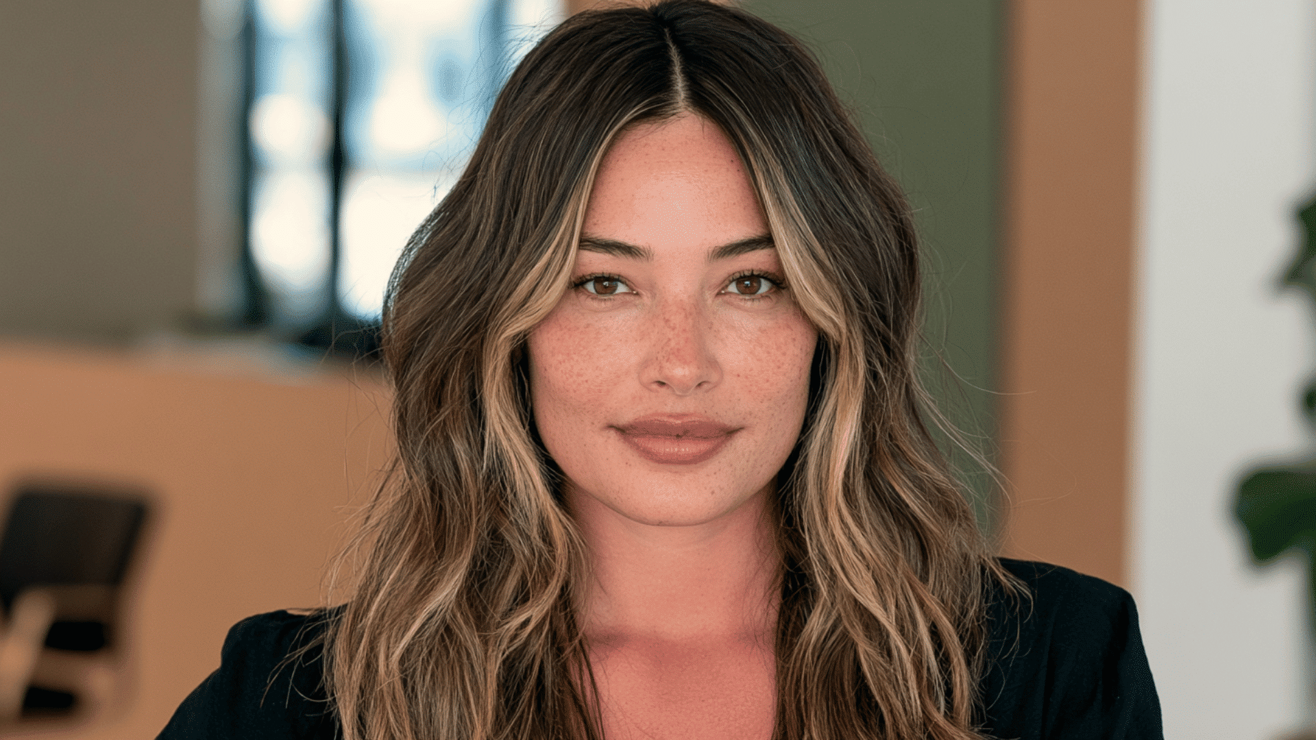 woman with warm honey blonde money piece highlights framing long wavy dark brown hair in a modern salon