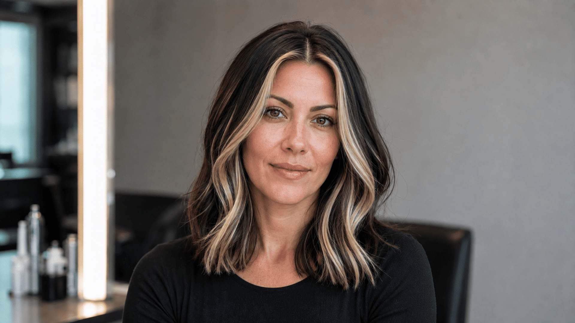 woman with wavy brunette hair and chunky blonde money piece highlights sitting in a salon
