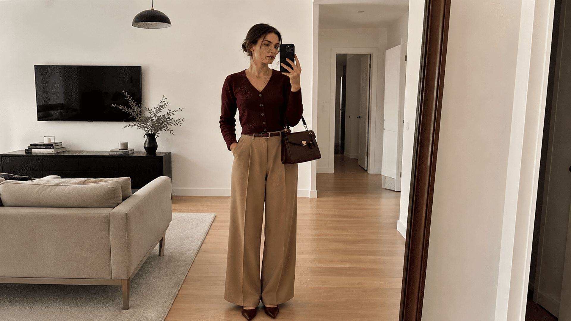 women wearing cardigans with wide leg pants for comfortable business casual sweater outfits