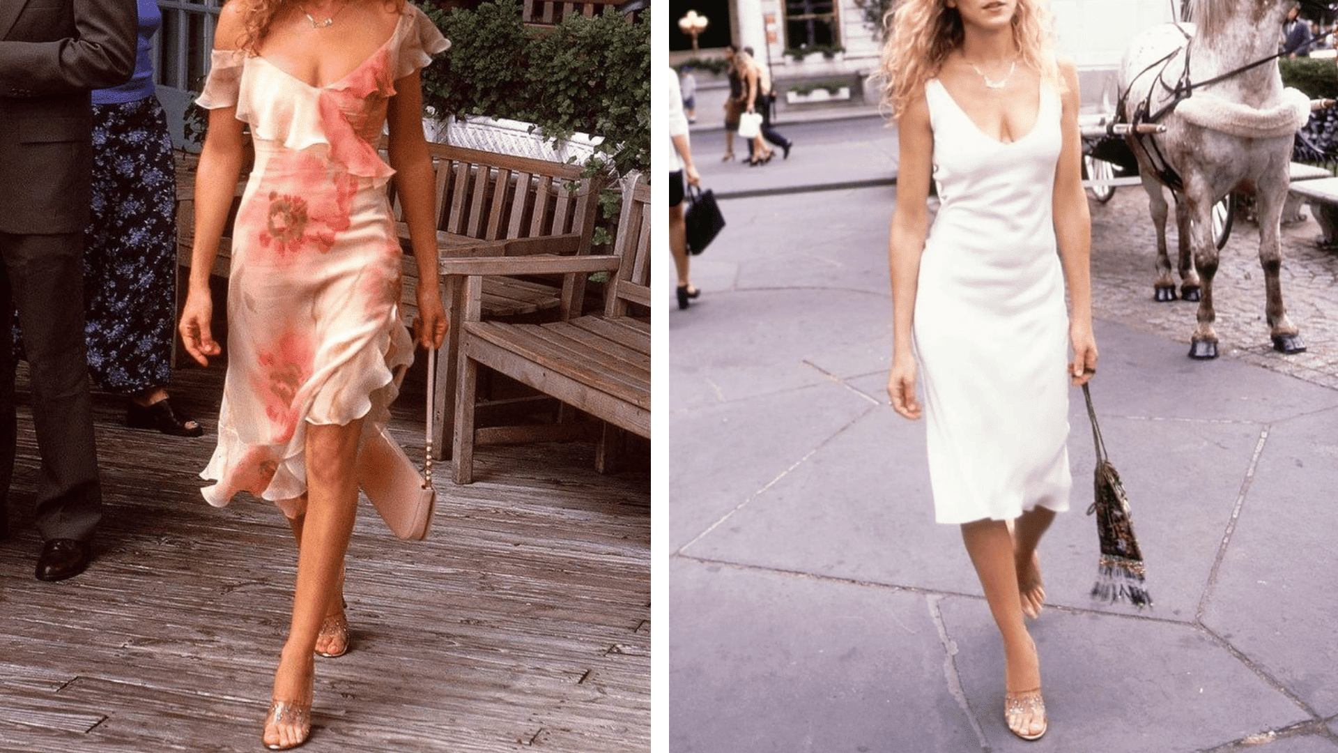 women wearing elegant slip dresses with simple accessories in classic minimalist fashion looks